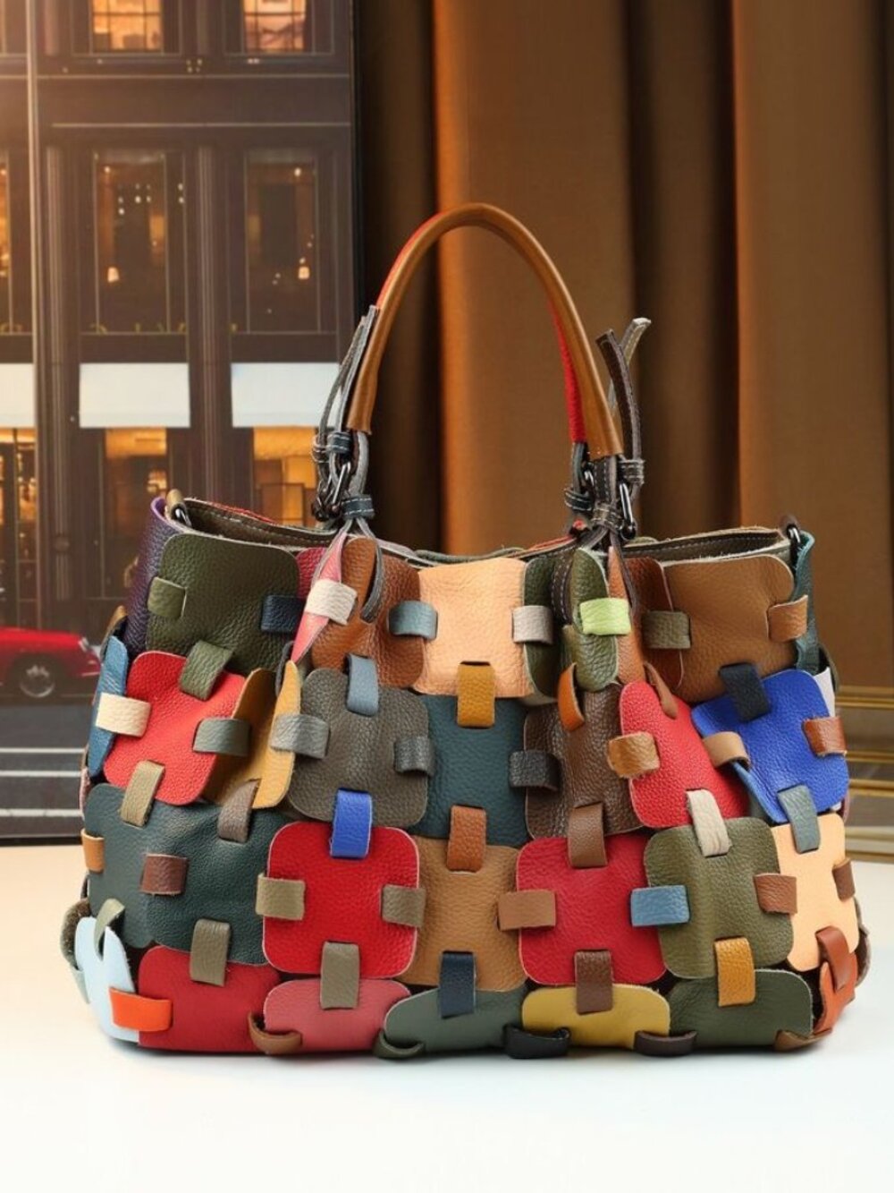 New Luxury Hand‑Woven Top‑Grain Leather Color‑Block Large Capacity Handbag